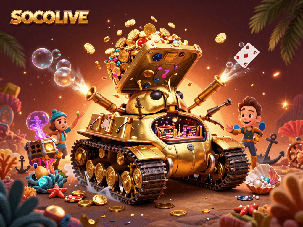 SOCOLIVE showcases a vibrant casino scene with a golden beetle tank amidst floating cards and treasure.