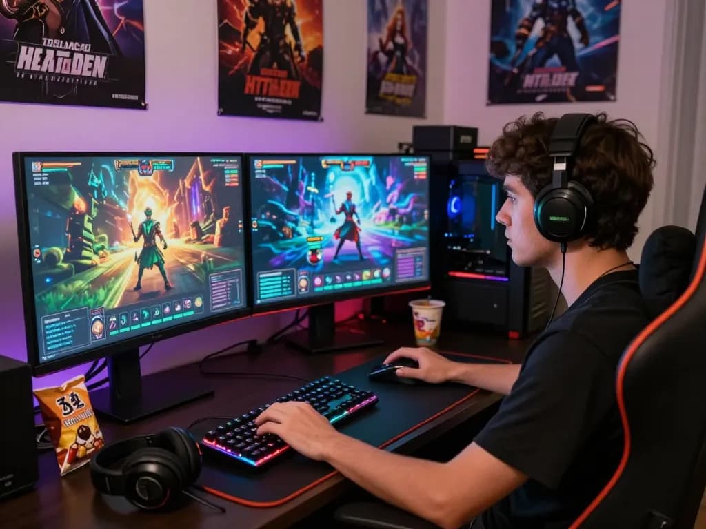 Player immersed in an engaging HTML porn game, colorful graphics on dual monitors, gaming accessories surrounding the desk.