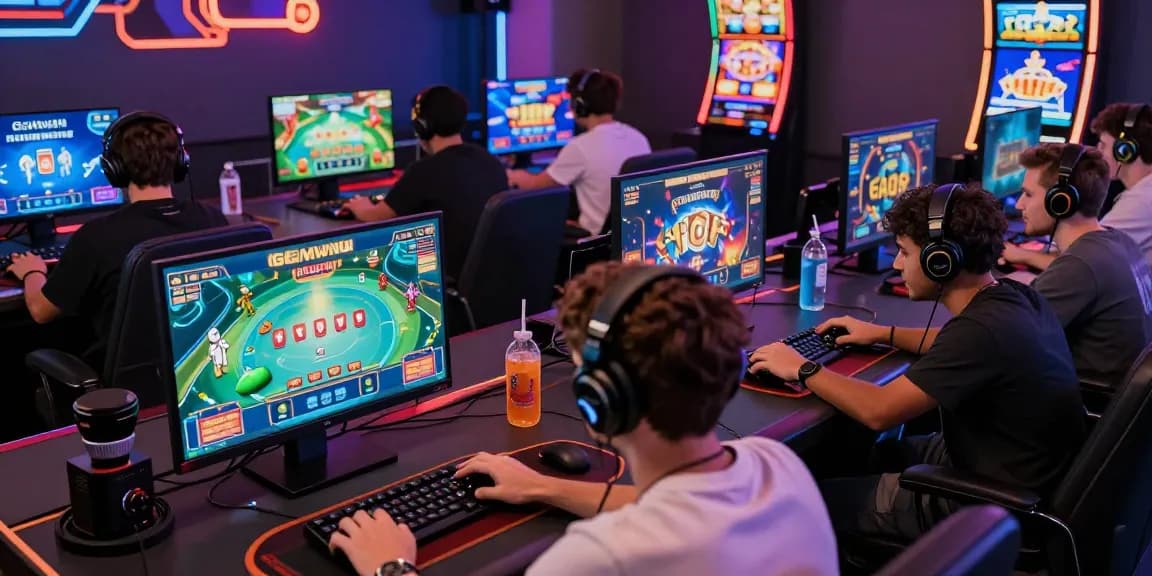 Online gaming excitement at https://gemwin.pics/, showcasing players immersed in various games with vibrant tech atmosphere.