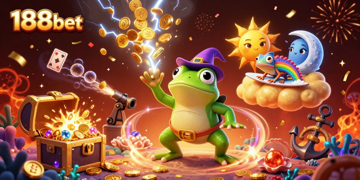 Experience the thrill at 188bet with vibrant casino elements and magical characters in a dynamic illustration.