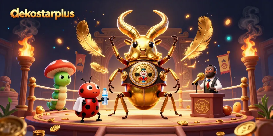 Experience thrilling action at dekostarplus with a giant golden stag beetle boxing champion amidst a vibrant casino arena.