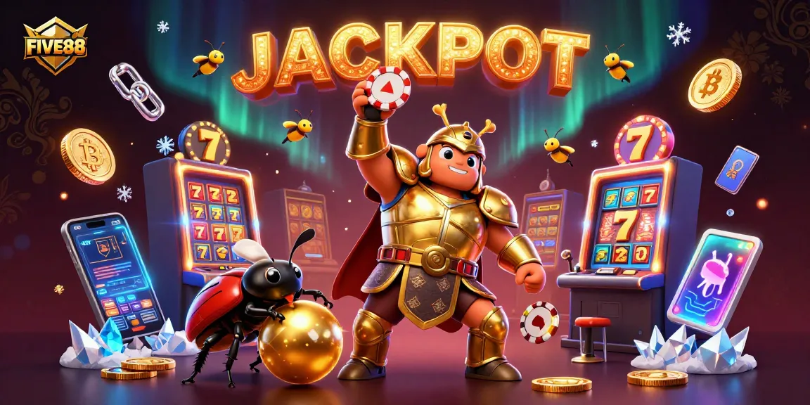Experience the excitement of FIVE88 as a hercules beetle triumphantly raises a poker chip amid vibrant casino elements.