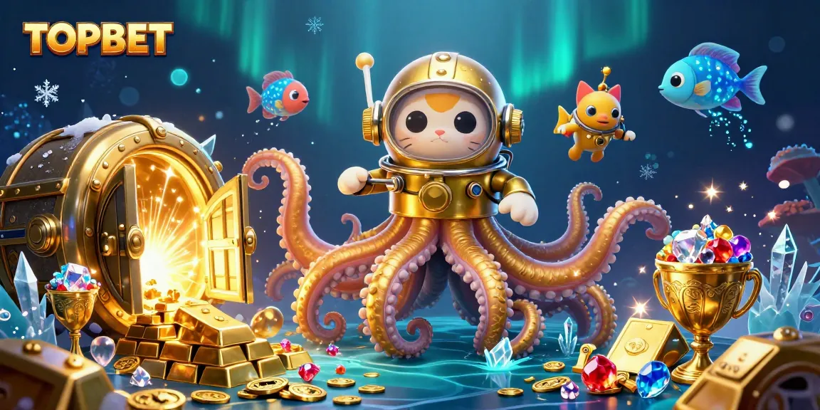 Experience the excitement of TOPBET with a treasure-filled ocean scene featuring a kraken, diving cat, and deep-sea fish.