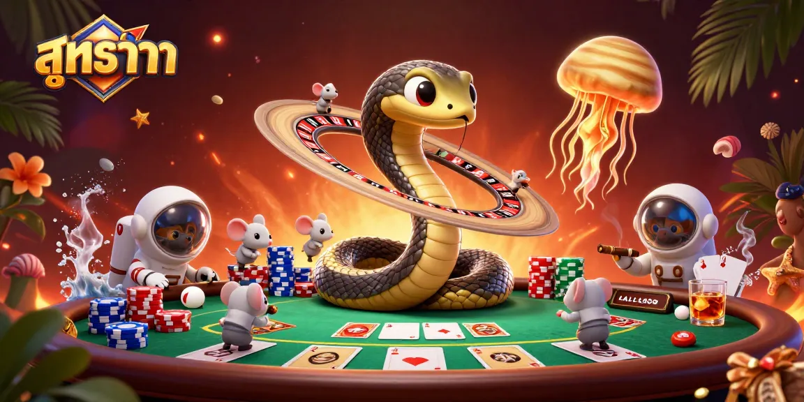 Engage inสูตรบาคาร่า strategies with cosmic gambling scenes featuring a Saturn snake and dealer jellyfish.