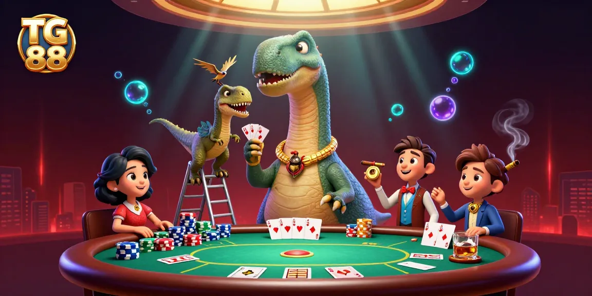 Engage with TG 88 as a 3D brontosaurus oversees a poker game scene filled with vibrant casino elements.