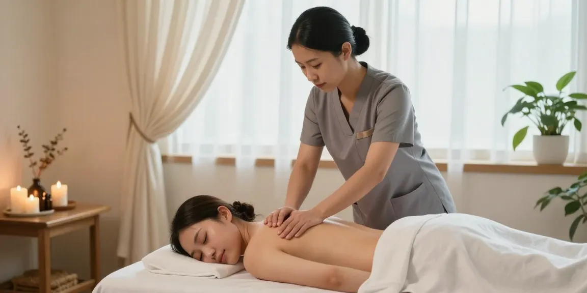부천출장마사지 시술 중인 한국인 관리사와 편안하게 휴식을 취하는 고객 모습