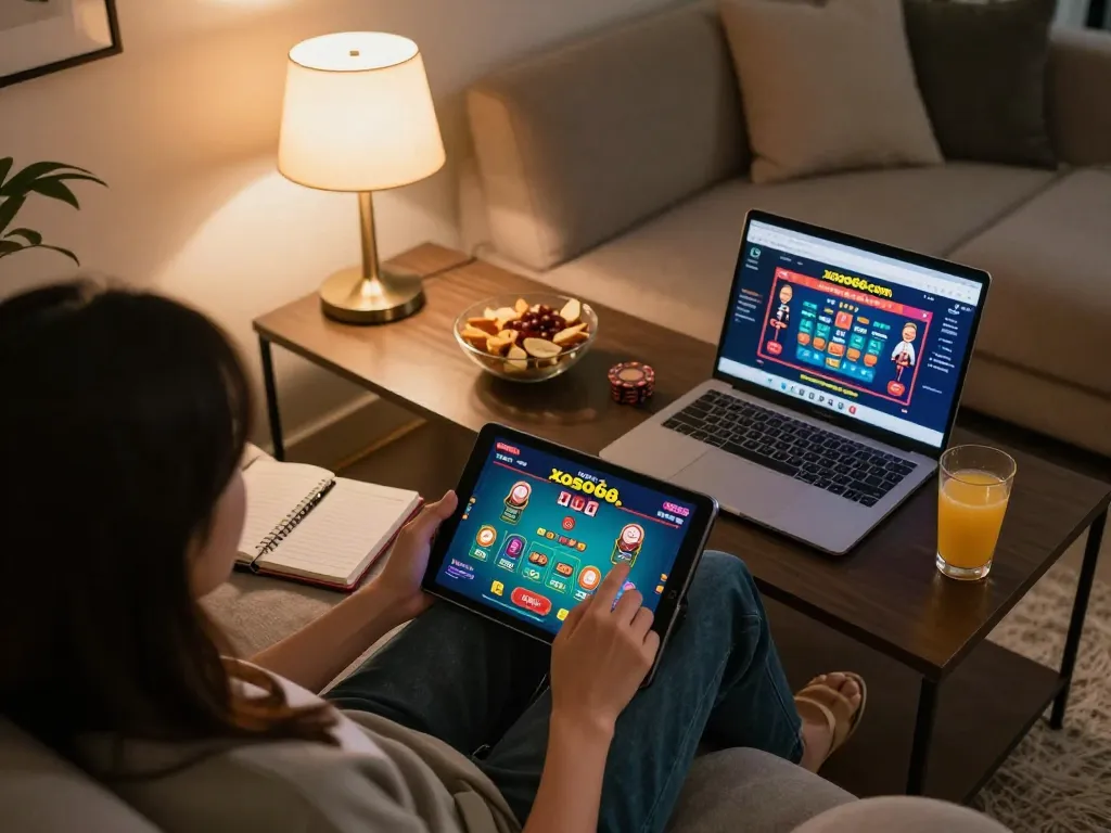 Engaging in online casino gameplay at xoso66com while enjoying a cozy home atmosphere