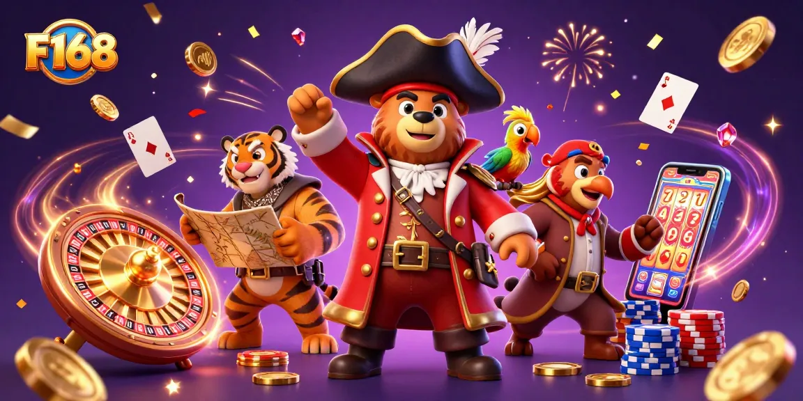 F168 pirate bear and tiger celebrate with golden coins and roulette, showcasing a thrilling casino experience.