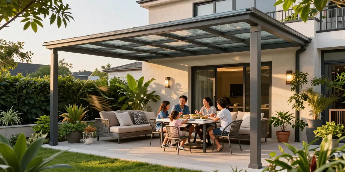 Terrassenüberdachungen in einem eleganten Garten mit Familie beim Essen.