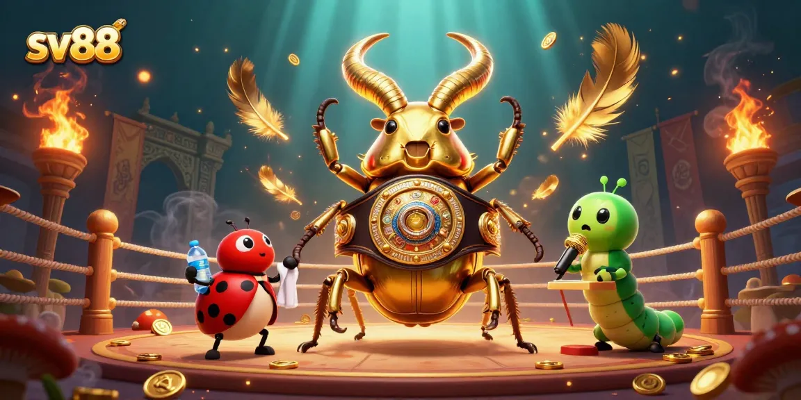 sv88 showcases a golden beetle boxing match with vibrant casino elements in a dynamic 3D scene.