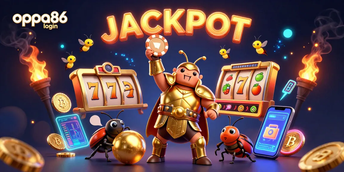 Experience the joy of winning with oppa86 login in a vibrant casino-inspired scene featuring dynamic characters and slot elements.