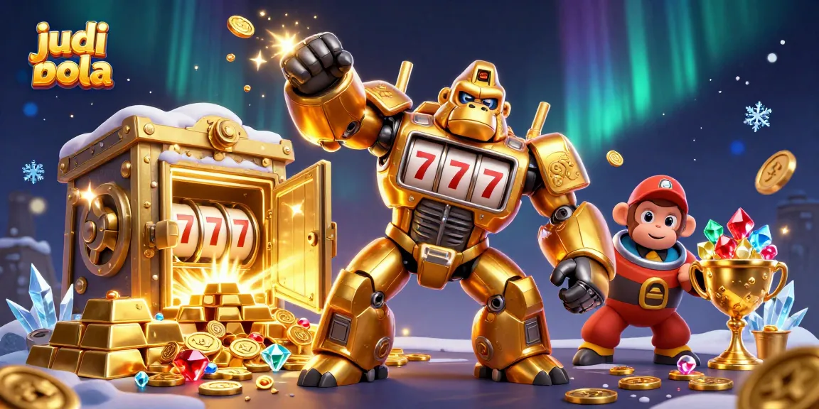 Experience judi bola action with a golden gorilla mech surrounded by riches.