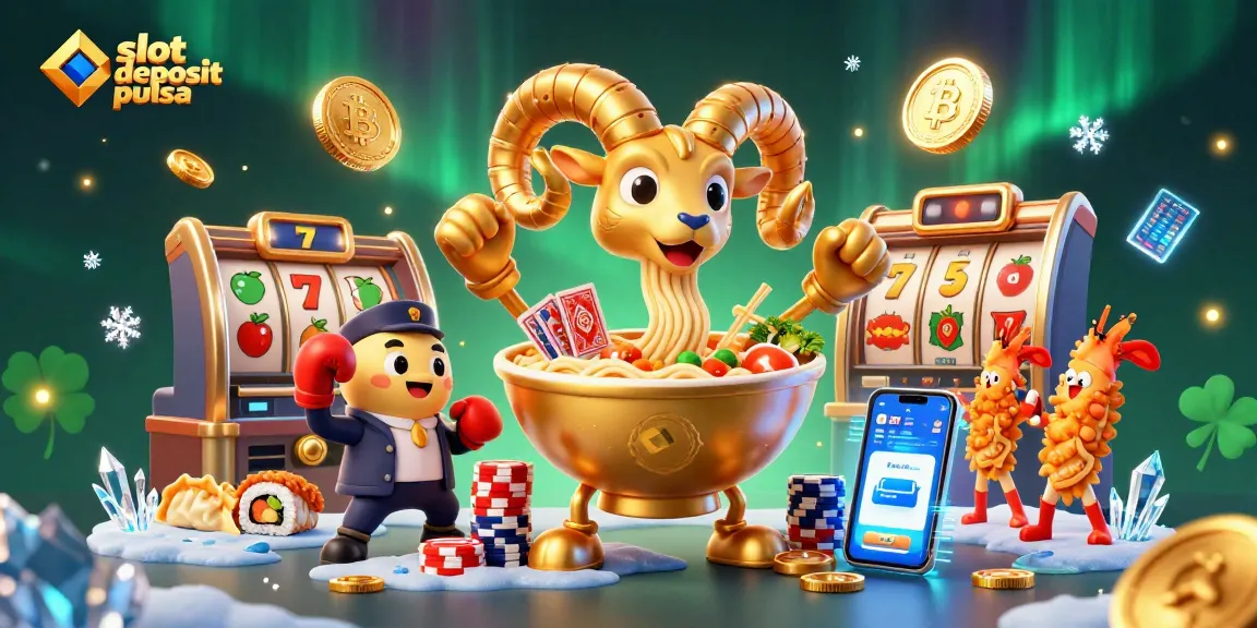Permainan slot deposit pulsa dengan karakter unik menarik, seperti mangkuk ramen dan elemen kasino lainnya.