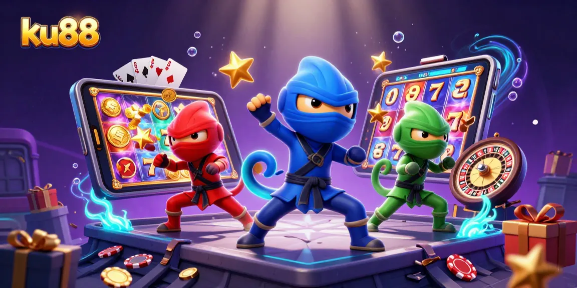 ku88 showcases a ninja chameleon team amidst dynamic casino elements and vibrant glow effects