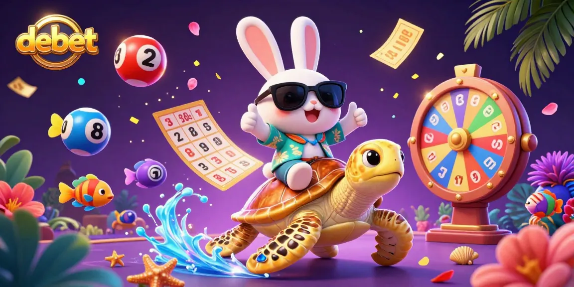 Engage with debet's vibrant cartoon scene featuring a lucky rabbit and a golden turtle amidst lottery excitement.