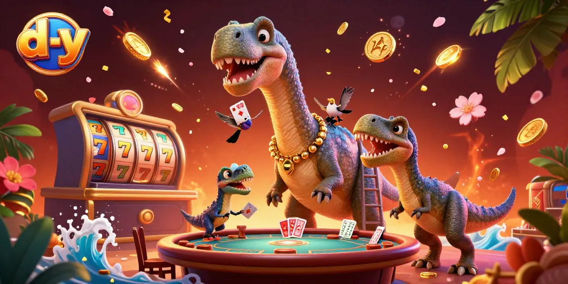 Engage in thrilling gaming experiences at d-y with a dynamic poker scene featuring a playful brontosaurus.