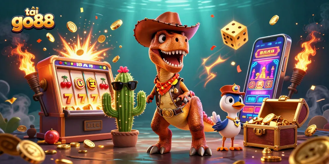 Spin and win with tải go88 as a colorful T-Rex and friends celebrate jackpots in a casino scene.