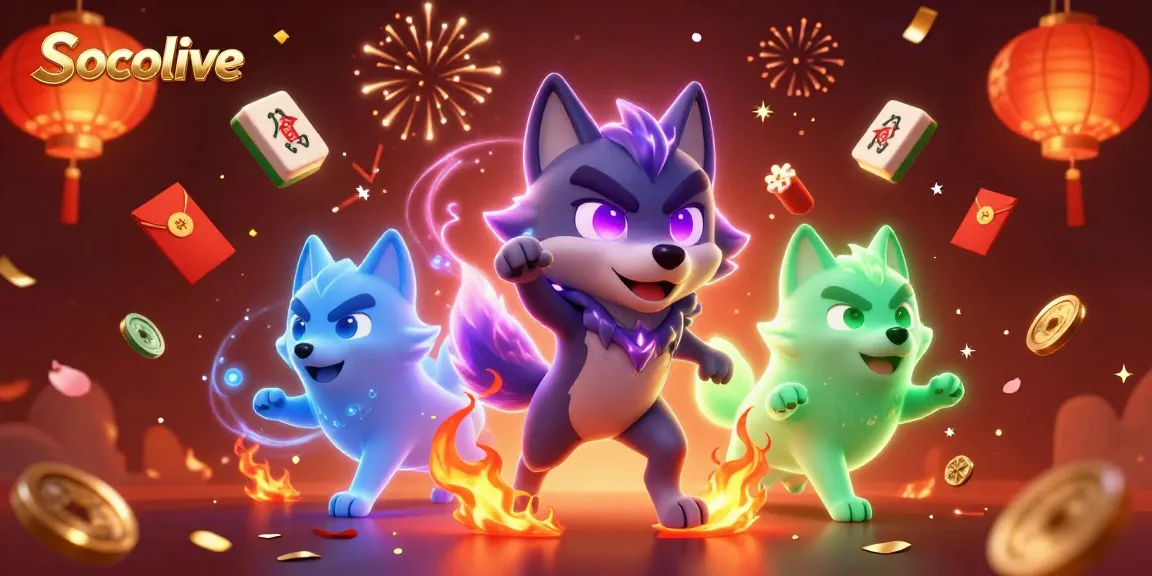 Socolive sports betting illustration showcasing wolf characters adorned with festive elements and mahjong tiles.