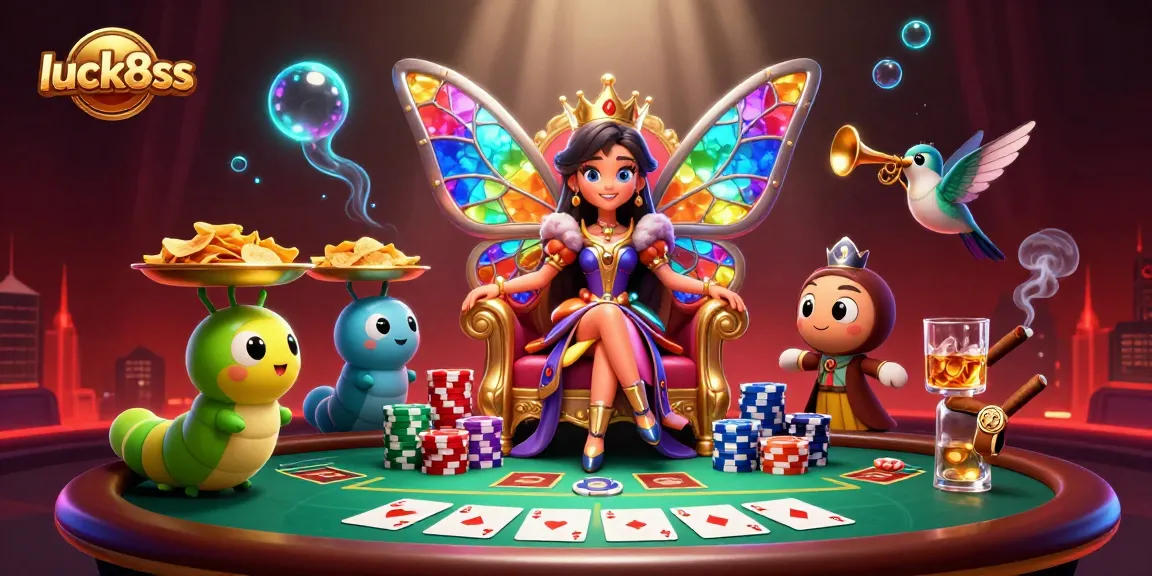 Experience luck8ss at this vibrant casino scene featuring a butterfly queen and dynamic poker elements.