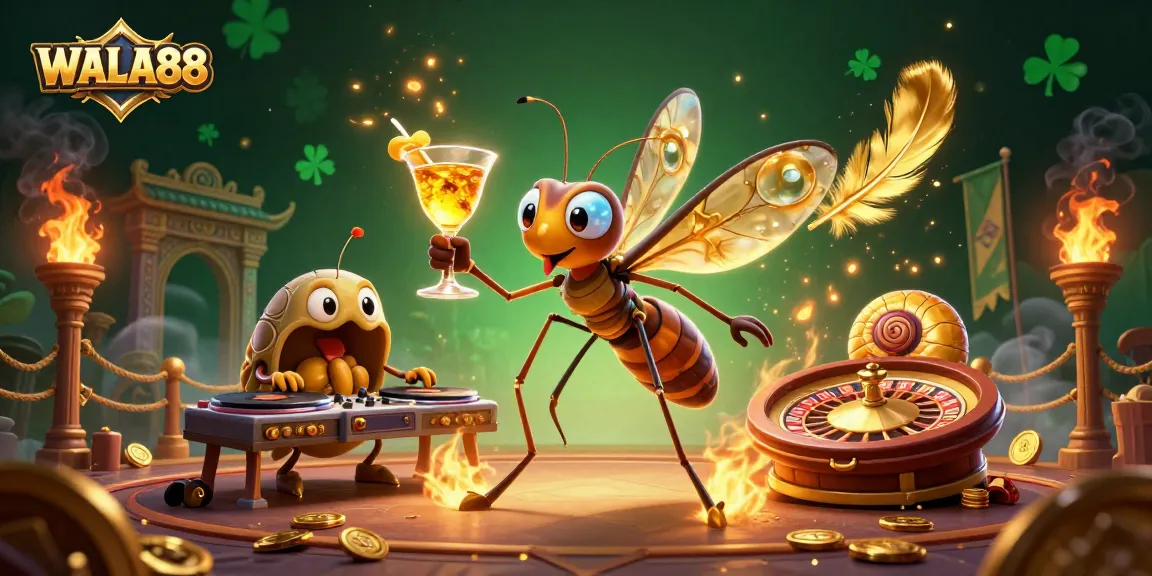 Bet on action at WALA88 with a lively casino scene featuring unique characters and elements.