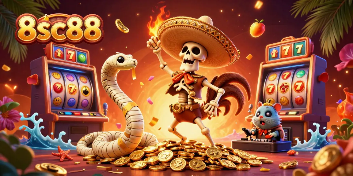 Experience the excitement of 8sc88 with vibrant casino characters celebrating on a pile of gold coins.