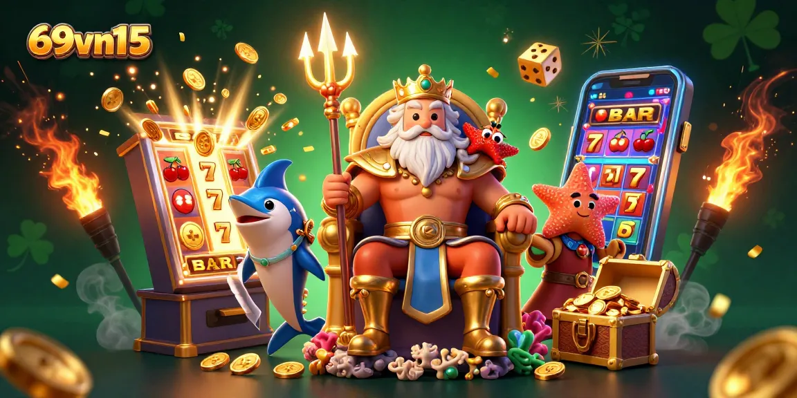 Experience the thrill of casino gaming with 69vn15's vibrant 3D illustration showcasing jackpots and excitement.