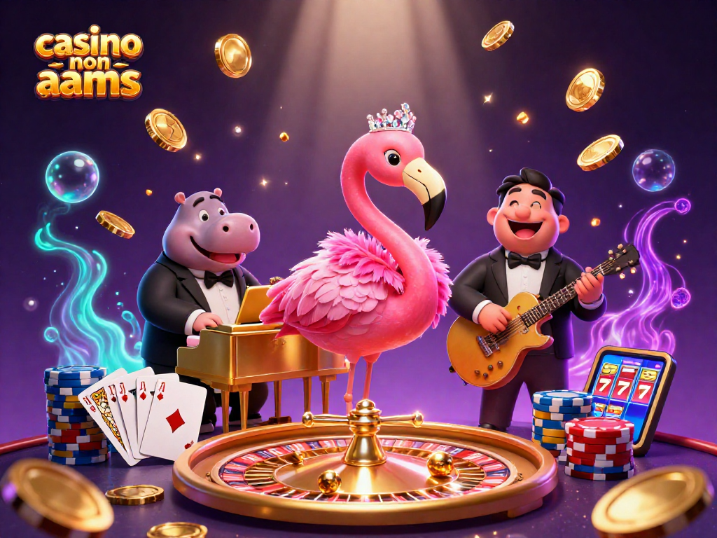 Scopri il mondo dei giochi di casino non aams con una vivace scena 3D di un uccello cantante e un ippopotamo bassista.