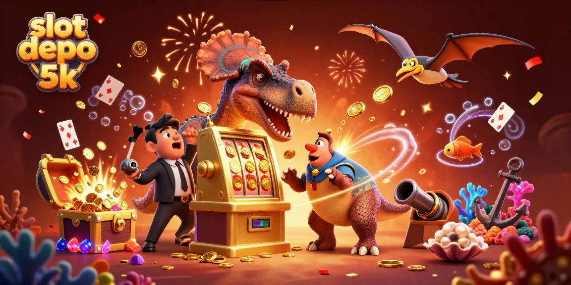Engaging scene of slot depo 5k features dinosaur characters interacting with a golden slot machine, capturing the excitement of gambling.