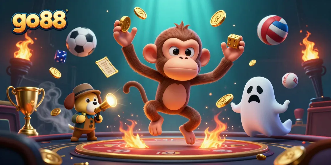 Engage in thrilling gameplay with go 88 in a casino-themed scene featuring an interactive monkey and sports elements.