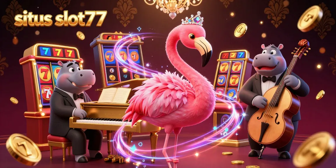Situs slot777 brings excitement to players with a lively casino scene featuring slot reels, flamingos, and dynamic elements.