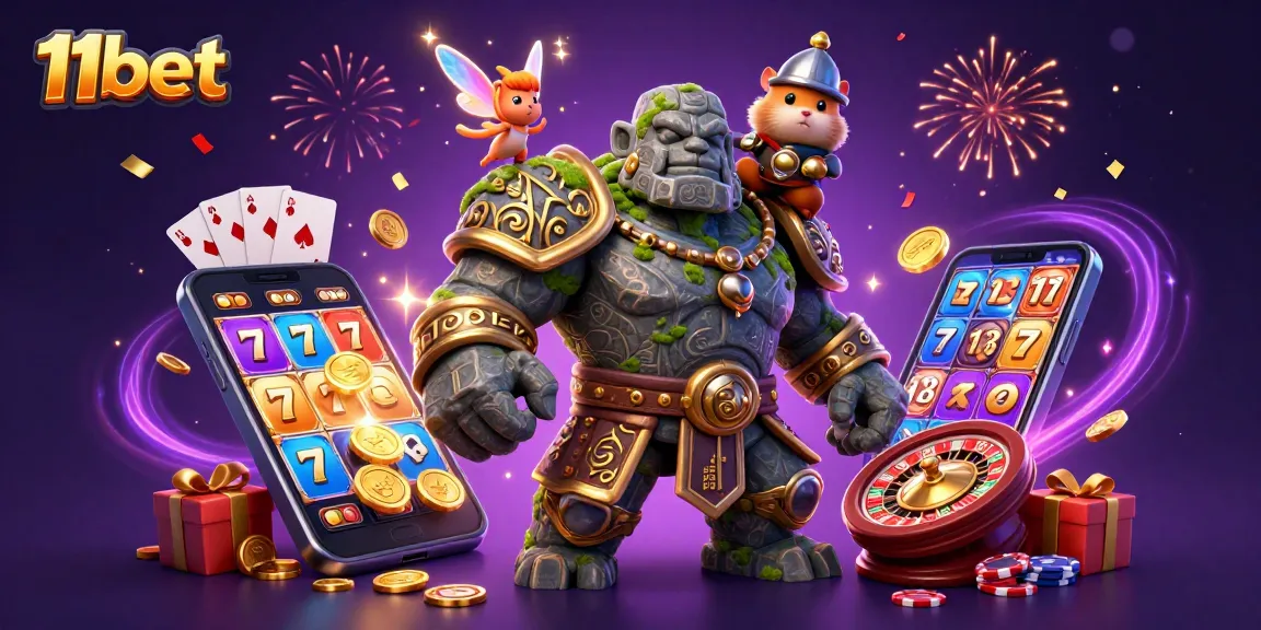 Engage with vibrant 11bet gaming action in an ultra-detailed 3D casino scene, featuring a golem, fairy, and hamster knight.