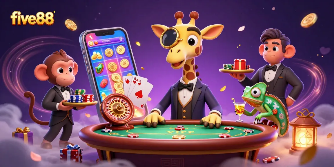 Experience five88's thrilling online casino adventure with a high-roller giraffe and lucky monkey.