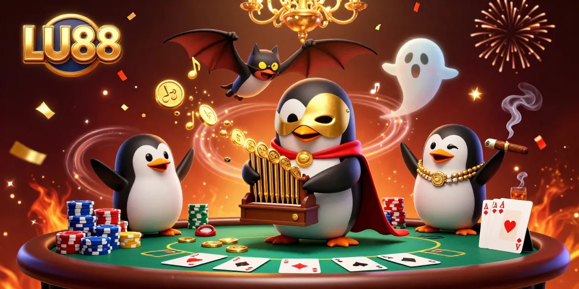 Experience the excitement of LU88 with a vibrant casino scene featuring a penguin playing an organ and poker elements.