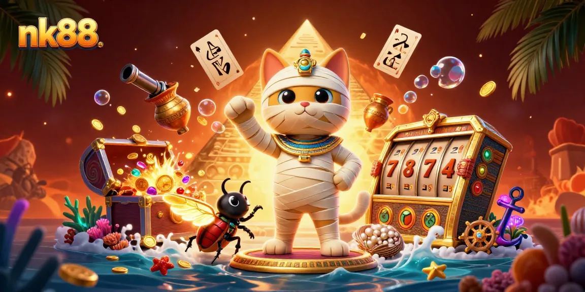 Experience thrilling jackpots at nk88 while a mummy cat bursts from a treasure-filled sarcophagus in a vibrant casino scene.