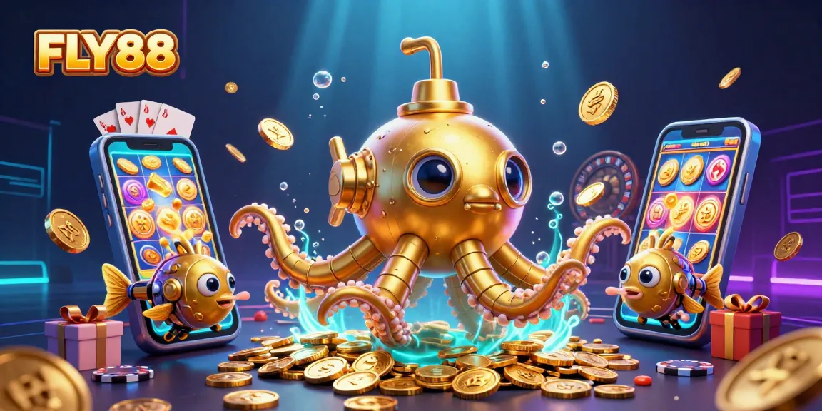 Experience thrilling wins with FLY88, featuring a golden kraken and vibrant casino elements.