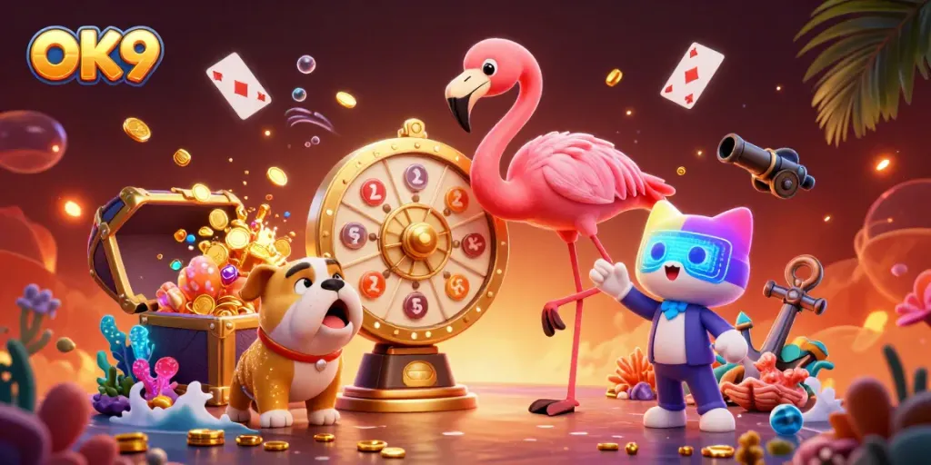 Engage with OK9's vibrant casino experience through a game show featuring wild characters, gold coins, and sparkling thrills.