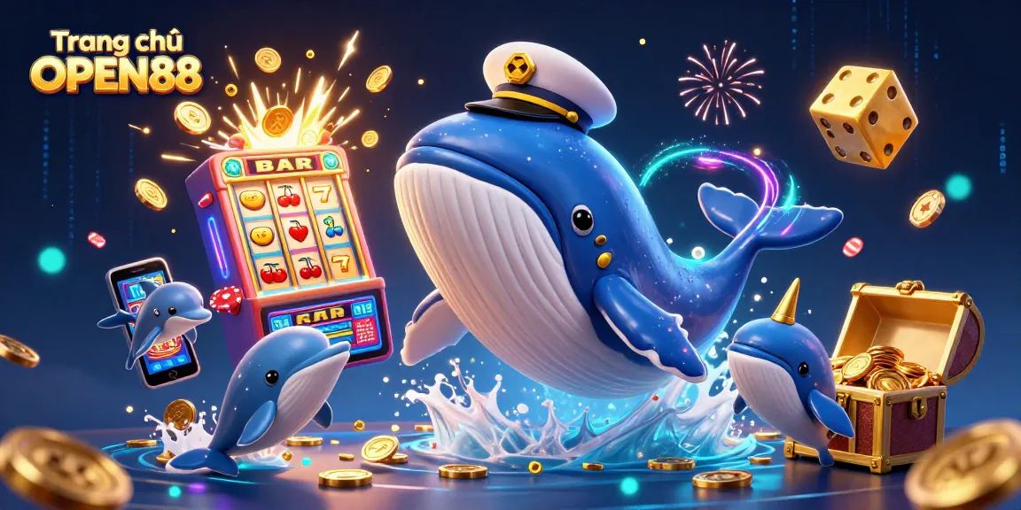 Engage with Trang chủ OPEN88 featuring a vibrant 3D scene of a whale, slot machine, and casino elements.