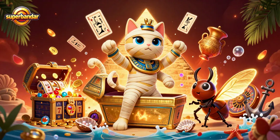 Superbandar menampilkan kucing mumi 3D mencolok dalam kasino piramida, dikelilingi oleh permainan dan harta karun.
