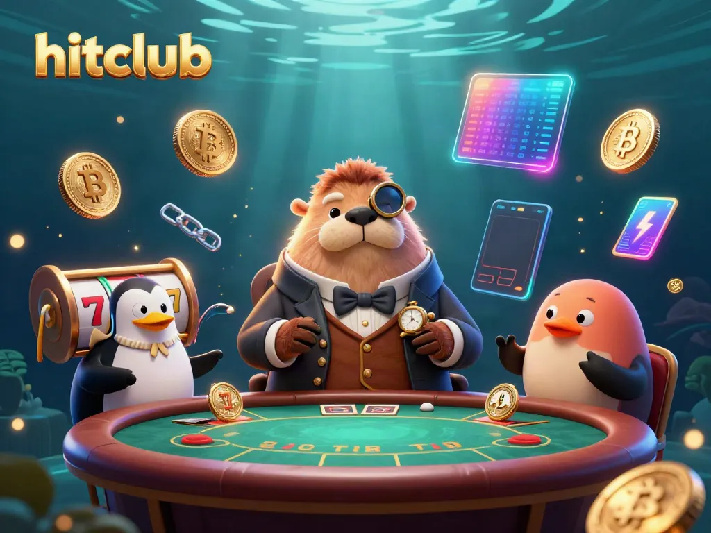 Engage in a vibrant underwater poker game with hitclub characters amidst slot reels and crypto coins.