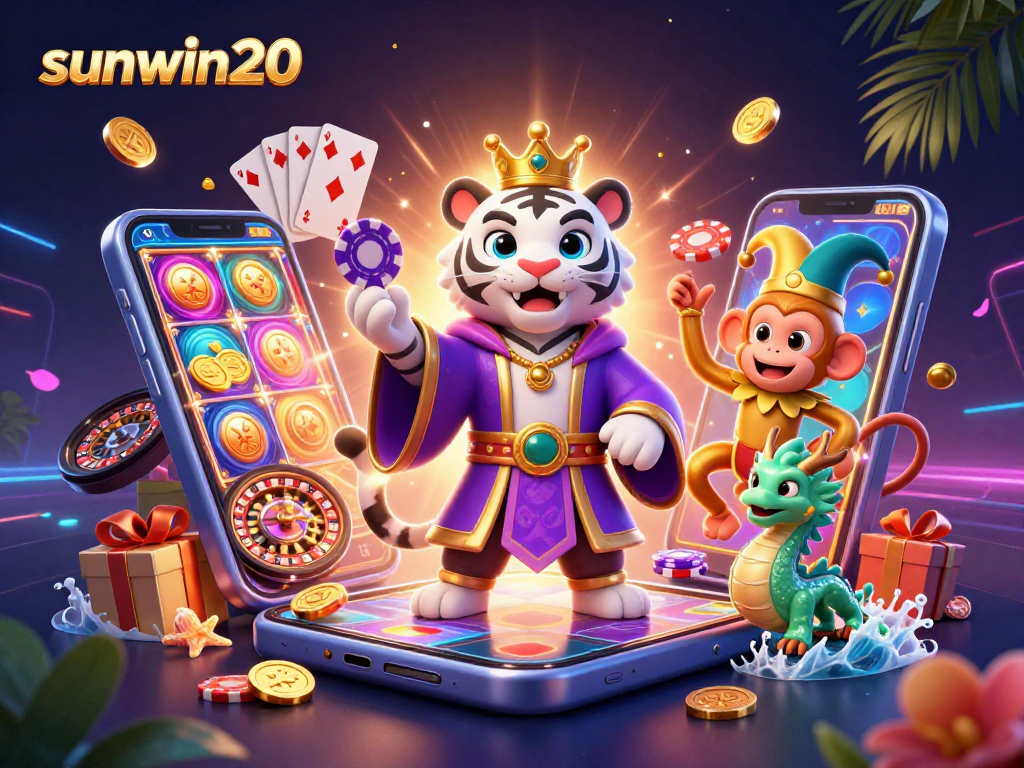Engage in thrilling gameplay with sunwin20, as animated characters showcase excitement amidst casino elements.