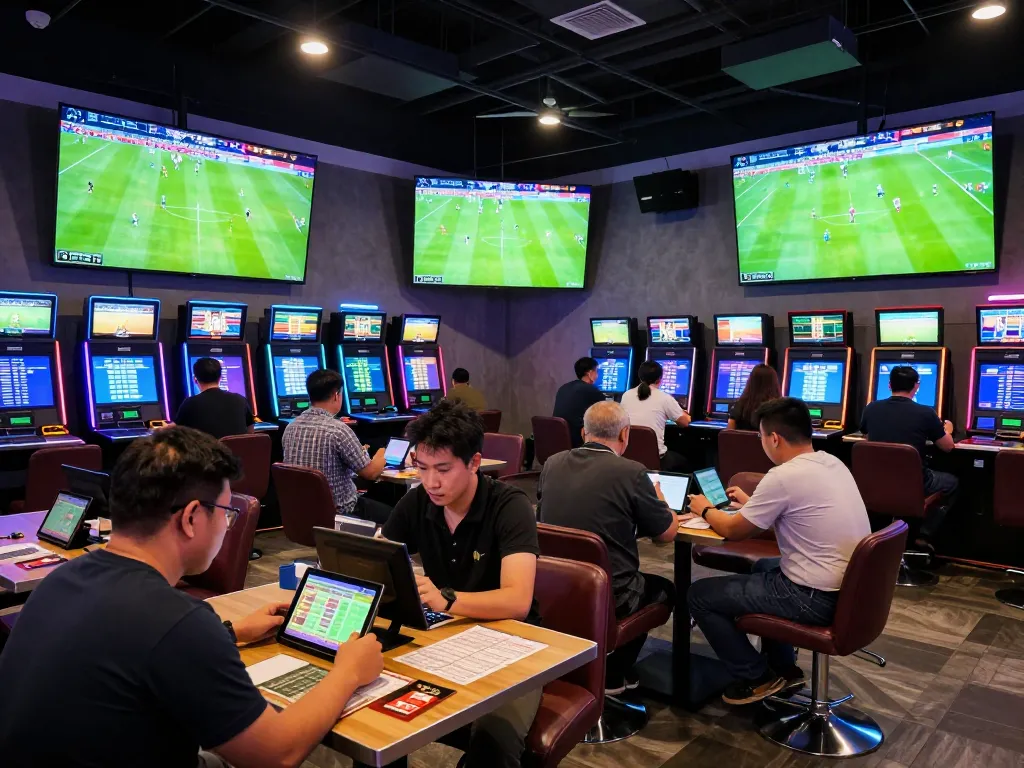 Kèo Nhà Cái Hôm Nay live sports betting lounge with enthusiastic bettors analyzing odds.