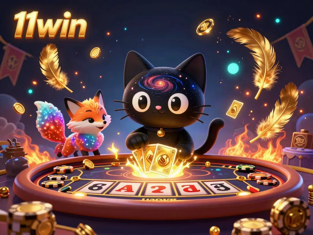 Experience exciting gameplay with 11win at a cosmic casino table featuring a black hole cat and colorful fox.