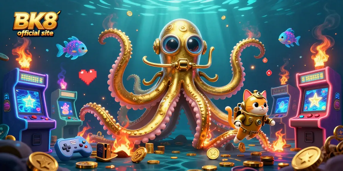 Engage with BK8 official site's vibrant gaming scene featuring a colossal kraken and arcade elements.