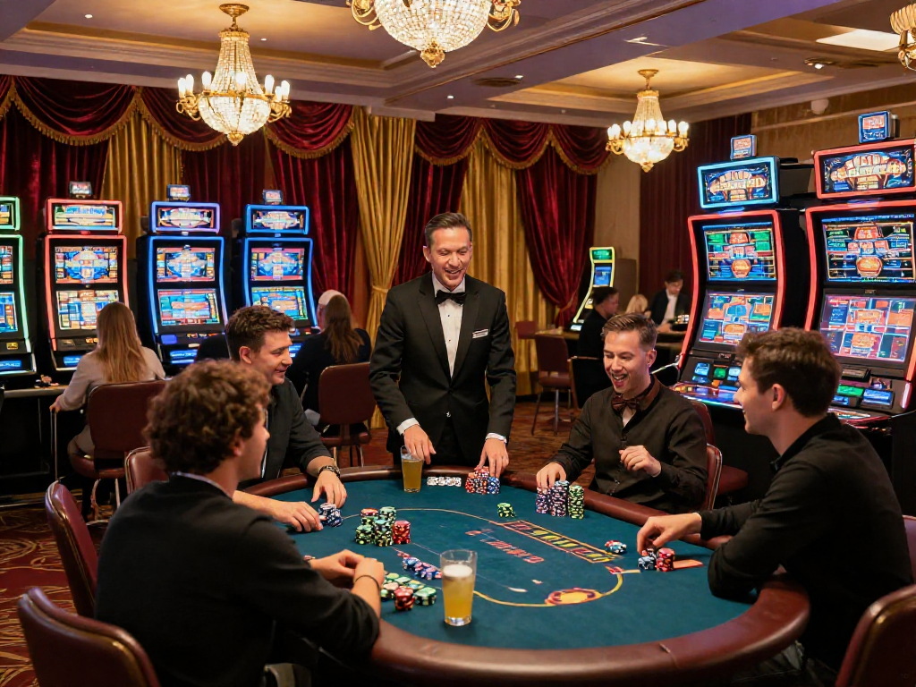 Giocatori entusiasti nel casinò non AAMS, immersi nel divertimento al tavolo e alle slot machine.
