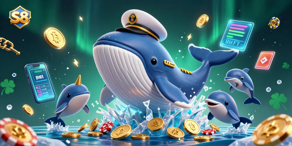 S8's thrilling gaming adventure features a cartoon whale, narwhal, and dolphins gleefully surrounded by casino riches.