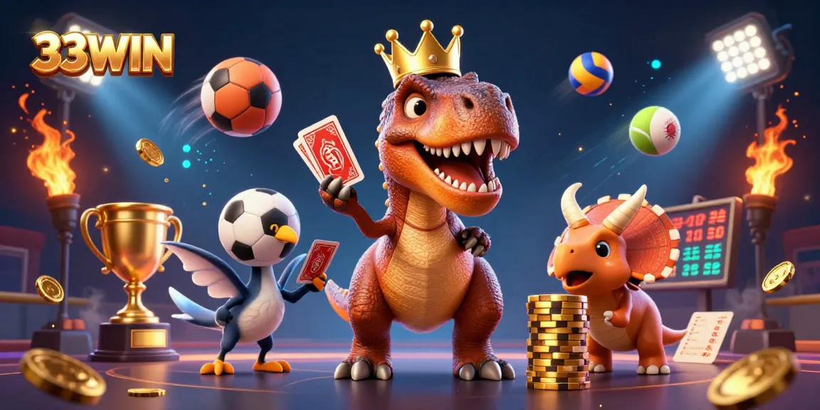 33WIN showcases a fun and vibrant casino scene with a T-Rex and friends immersed in exciting card gameplay.