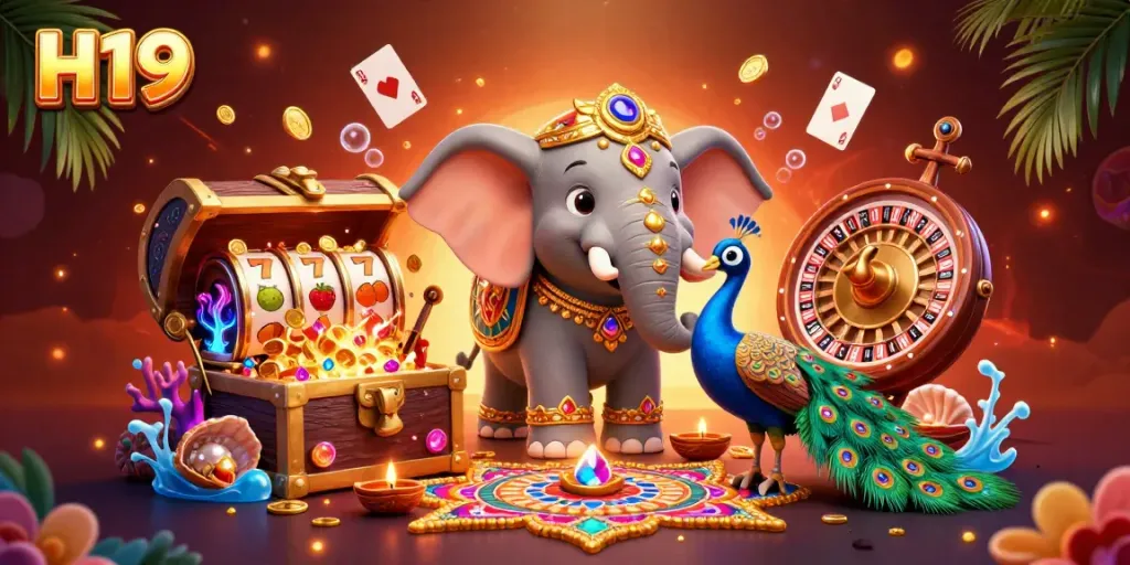 Experience the excitement of H19 with a vibrant casino scene featuring animated characters and slot games.