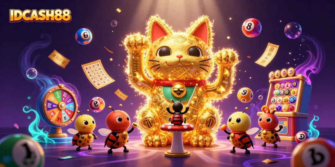 Engage with IDCASH88's dynamic slot experience featuring a lucky cat among vibrant casino elements.
