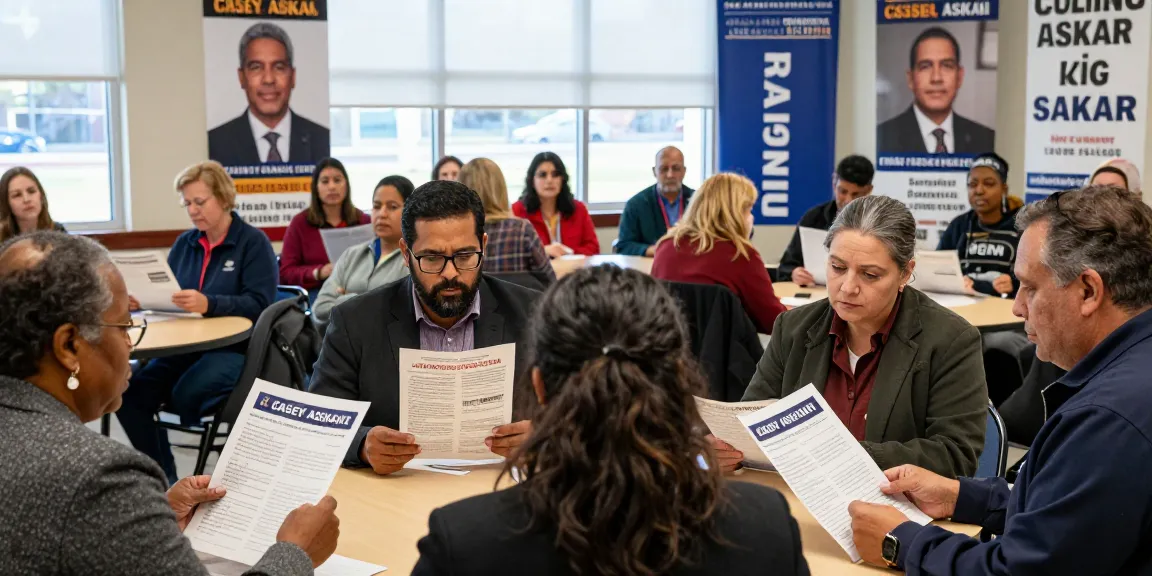 Community voters examining Casey Askar's controversial campaign materials at a town hall meeting, showcasing civic engagement.