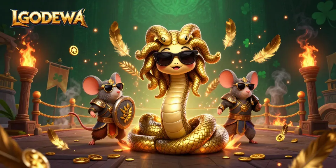 Experience thrilling wins with LGODEWA, featuring a playful Medusa and warrior mouse in a dynamic casino setting.